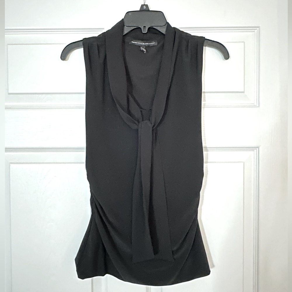 White House | Black Market Blouse, Black, Ruched Sides, Tie at Neck